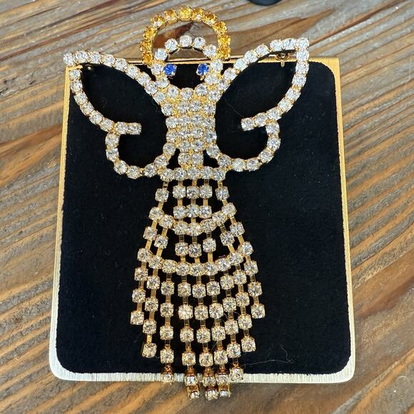 Vintage Angle Shaped Waterfall Dangle Fringe Rhinestones Brooch Pin Gold Toned - Picture 6 of 8